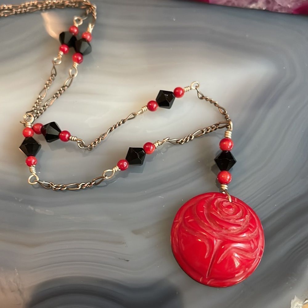Vintage Artisan Carved Cherry Red Bakelite ? Crystal Sterling Silver Necklace